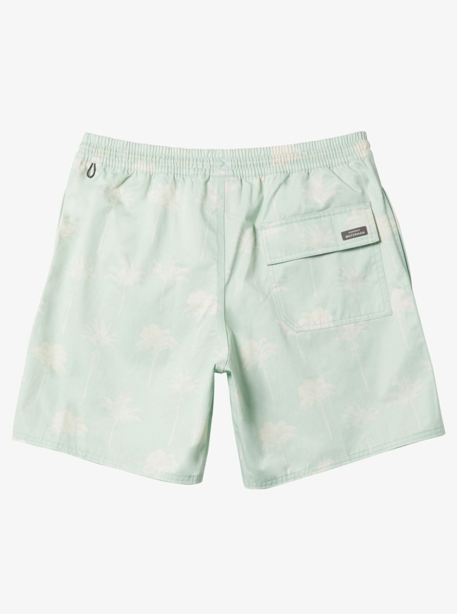 Mens Quiksilver Elastic Waist | Waterman Cliffside 17" Elastic Waist Shorts Subtle Green Amazed Palm